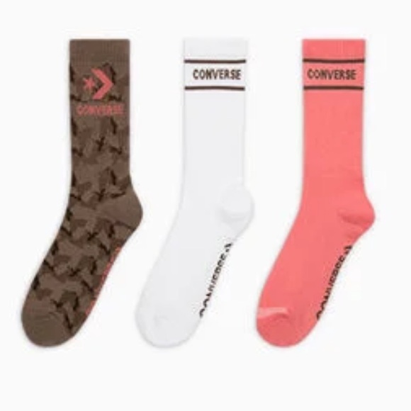 Converse Brown, White, and Pink Crew Socks Trio - Picture 1 of 3